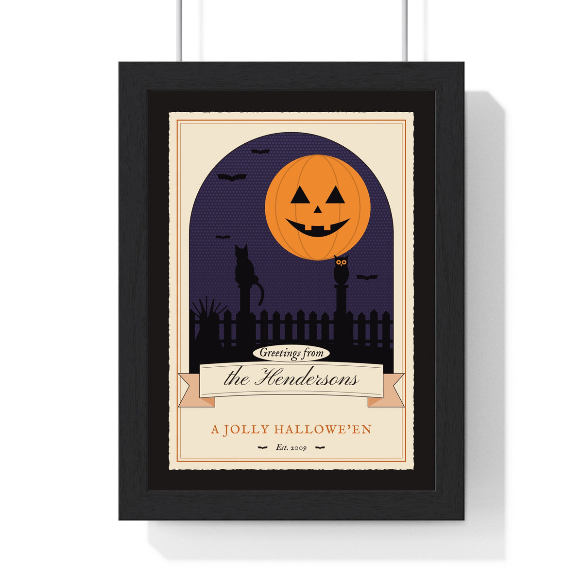 Personalised Vintage Halloween Postcard Print - framed midnight on black version