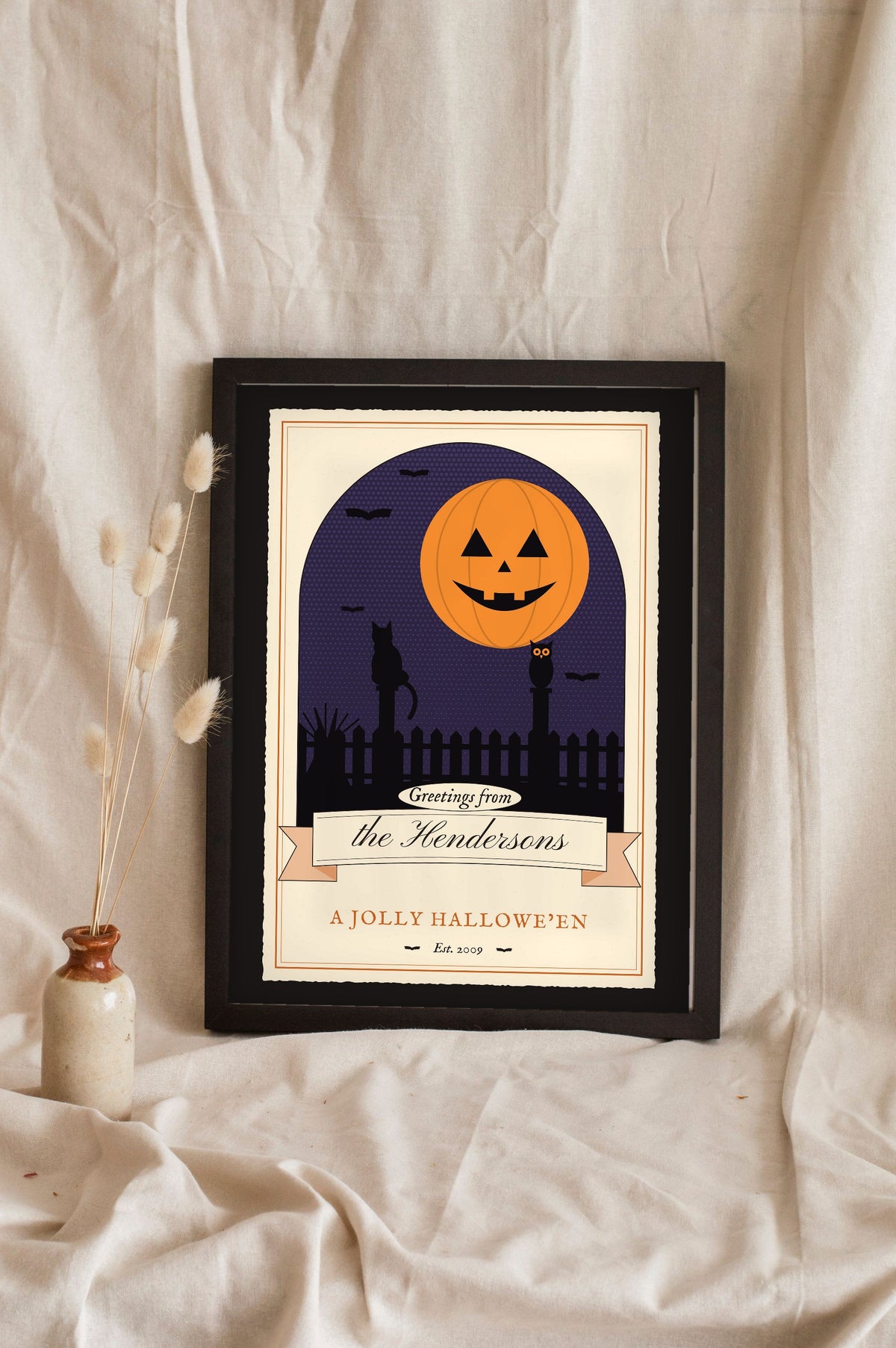 Personalised Vintage Halloween Postcard Print - midnight on black version leaning on a shelf