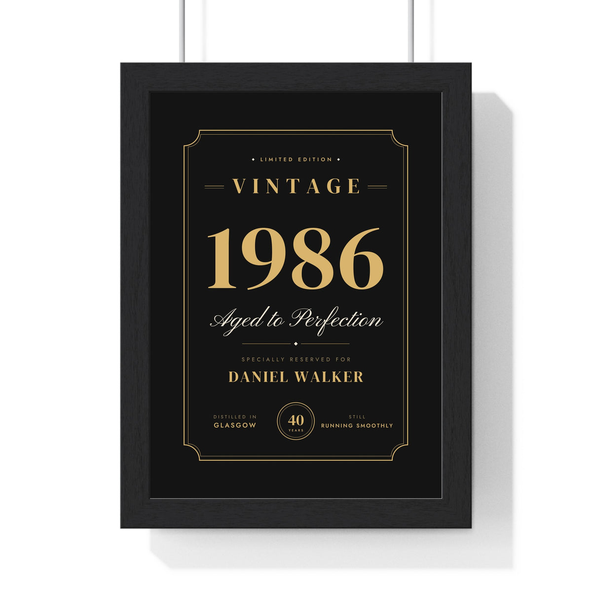 Personalised Vintage Year Birthday Print - framed black and gold 40th version