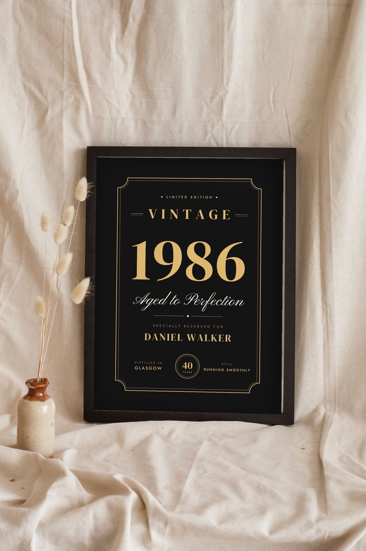 Personalised Vintage Year Birthday Print - black and gold Vintage 1986 print