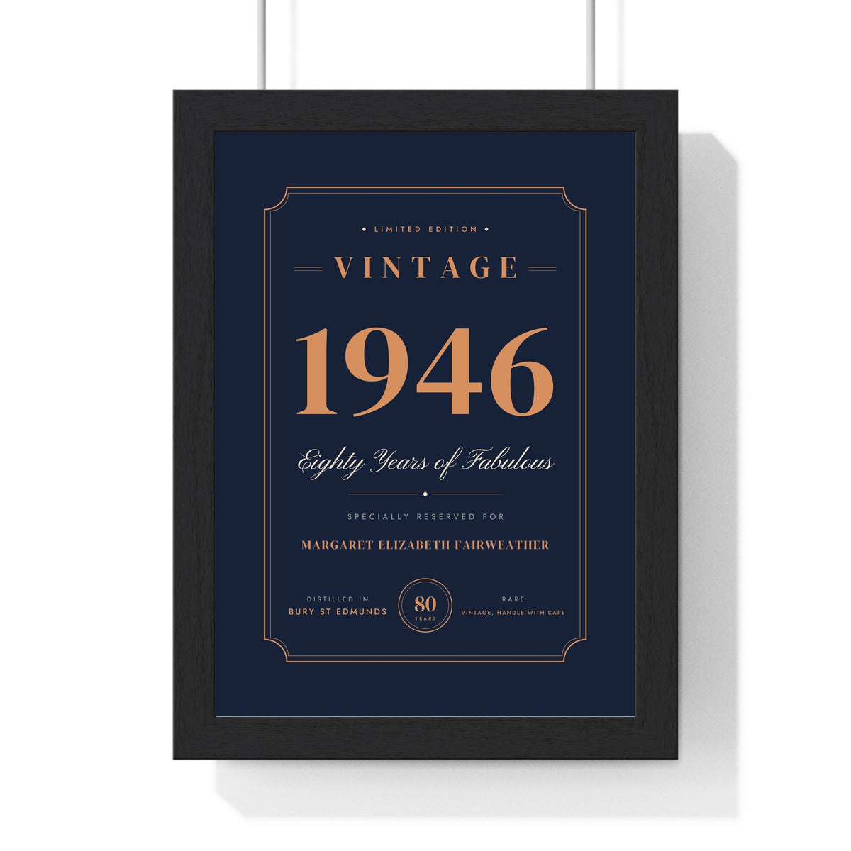 Personalised Vintage Year Birthday Print - framed navy and copper 80th version