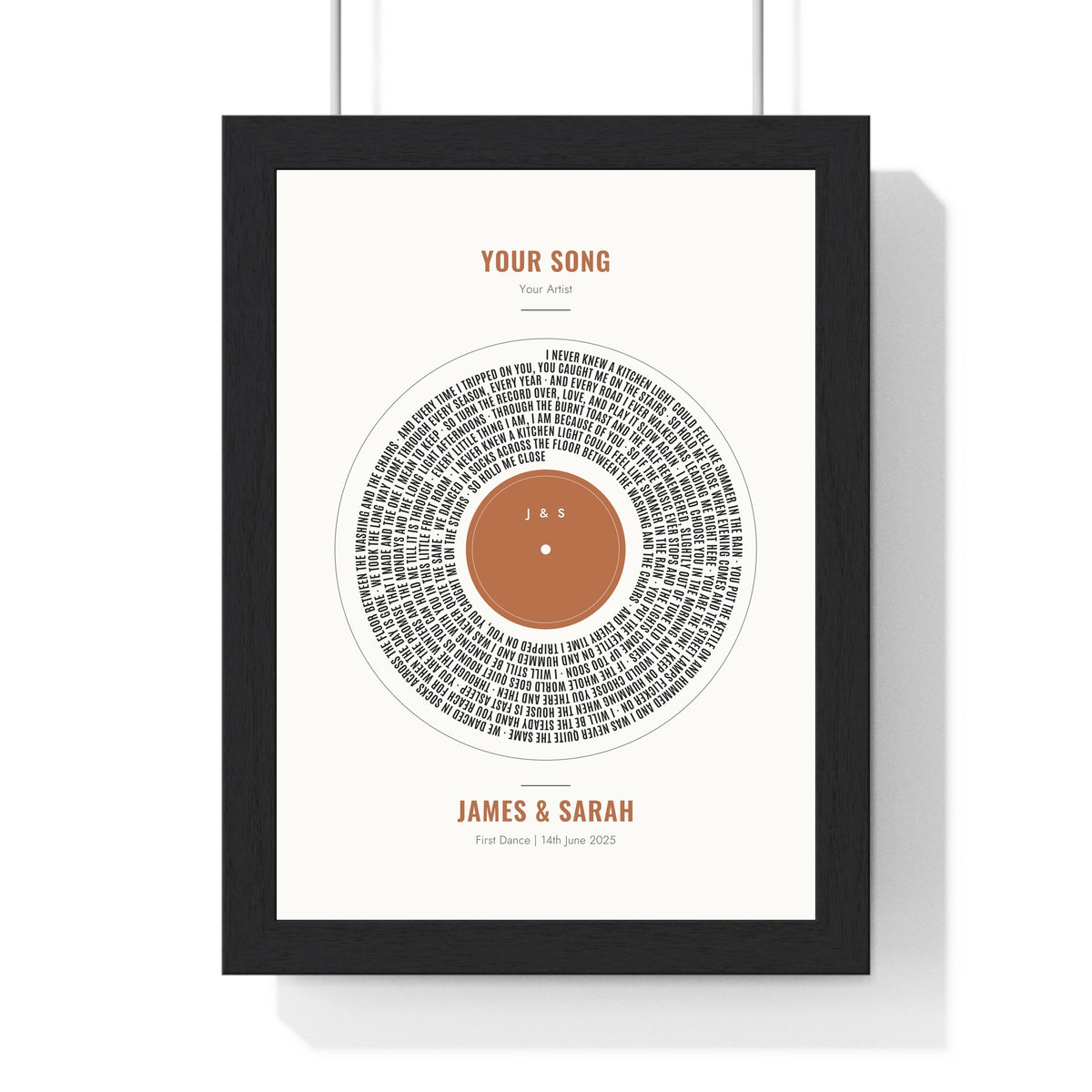 Personalised Vinyl Record Song Lyrics Print - framed terracotta vinyl record song lyrics print