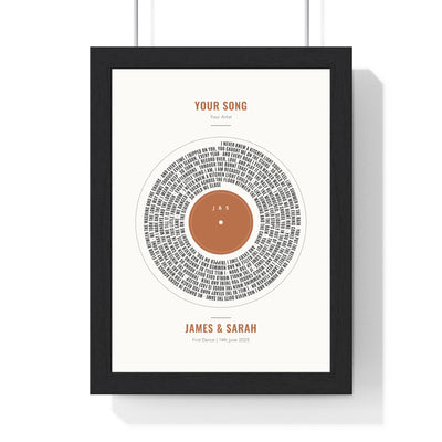 Personalised Vinyl Record Song Lyrics Print - framed terracotta vinyl record song lyrics print