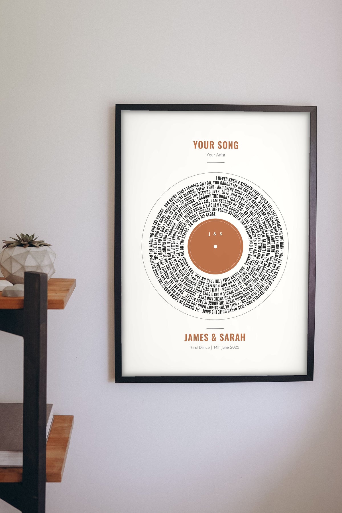 Personalised Vinyl Record Song Lyrics Print - lyrics record print on the living room wall