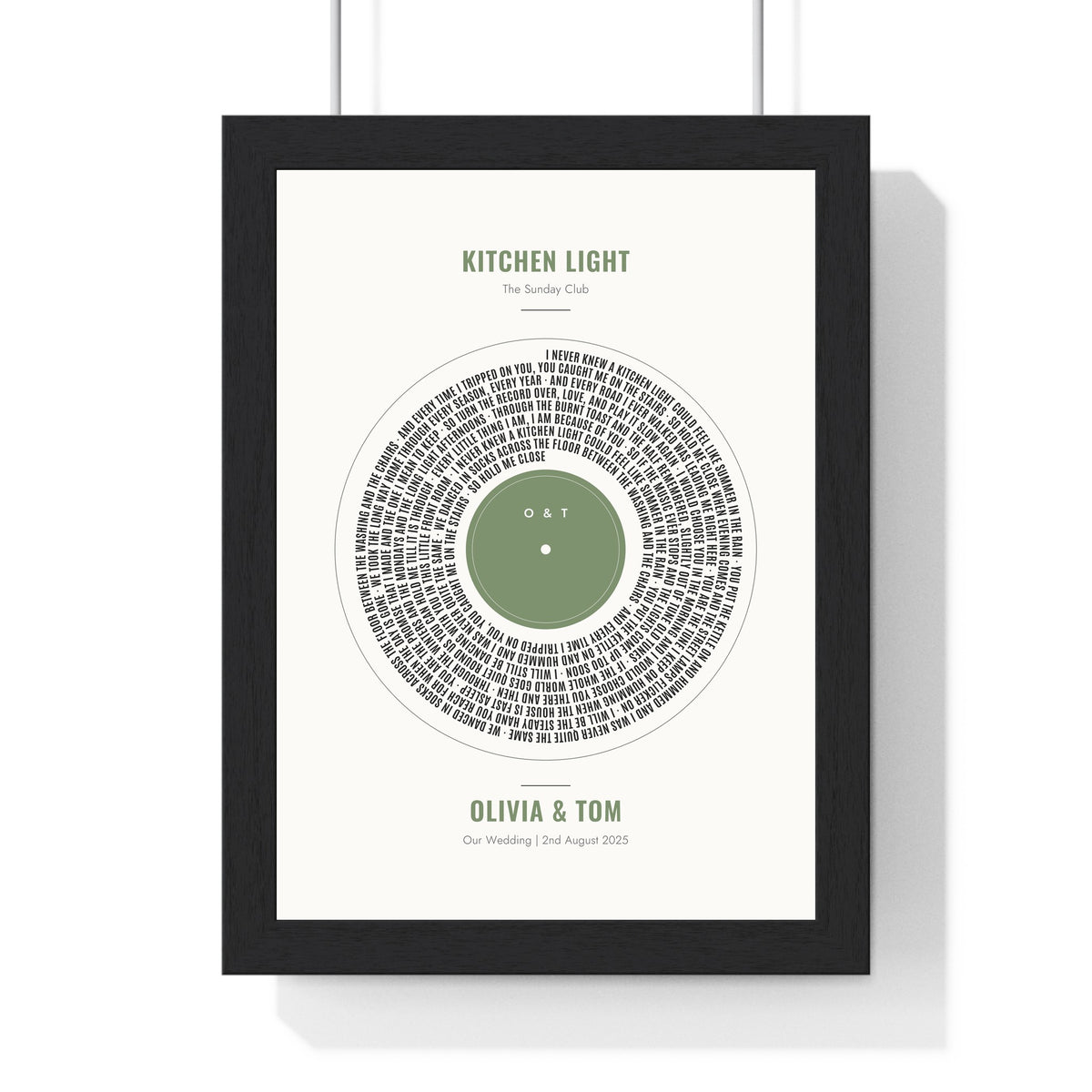 Personalised Vinyl Record Song Lyrics Print - framed sage wedding version