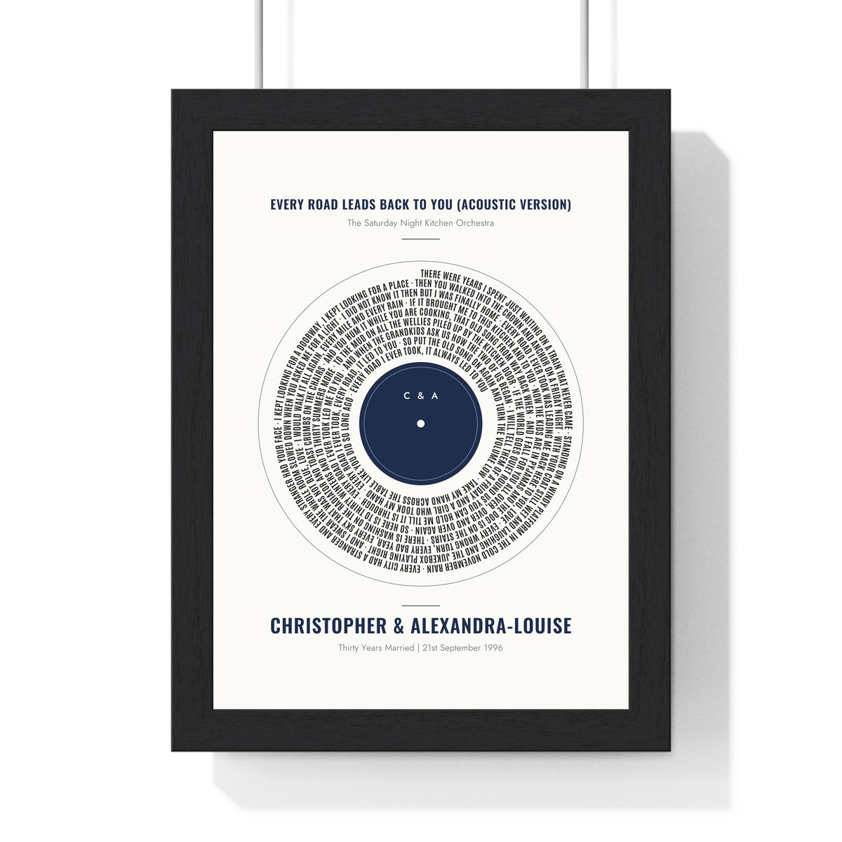 Personalised Vinyl Record Song Lyrics Print - framed navy version with long lyrics