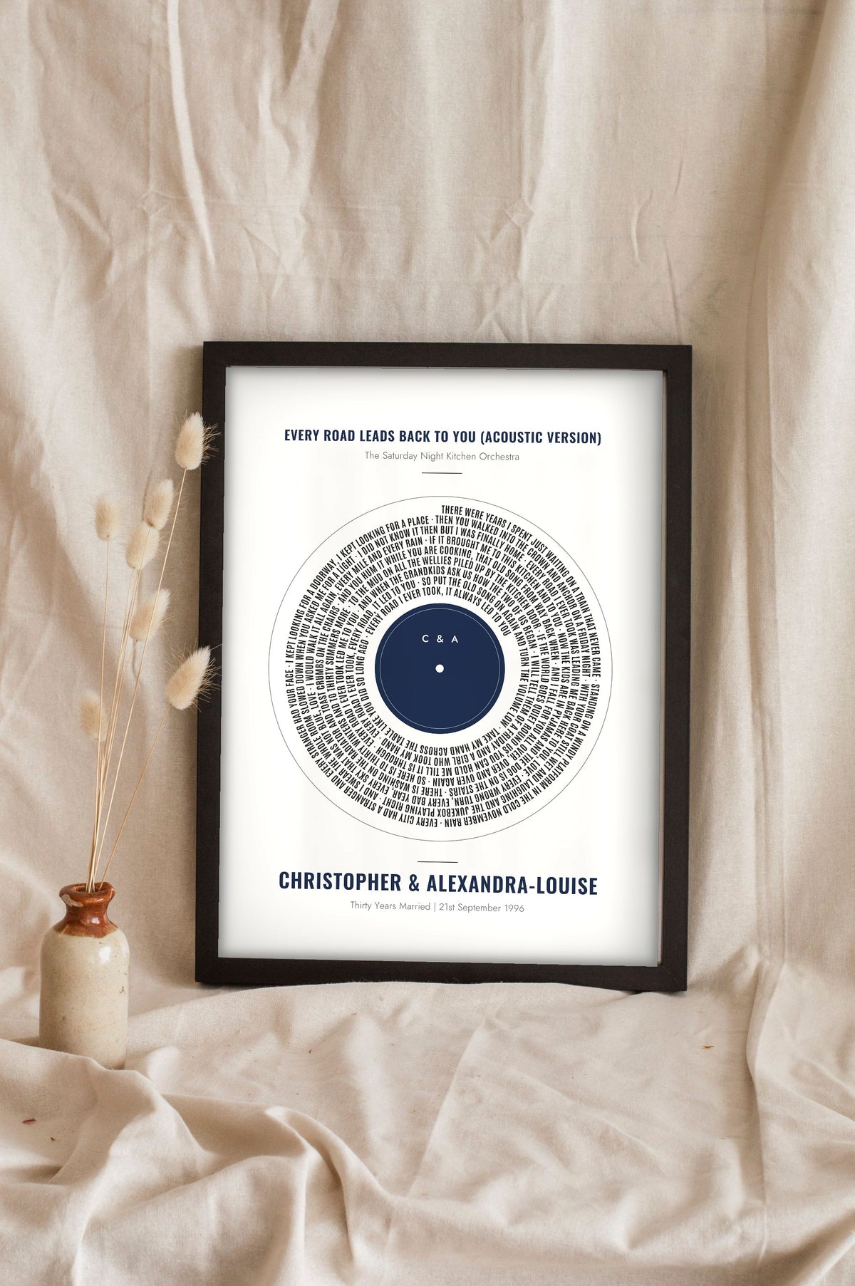 Personalised Vinyl Record Song Lyrics Print - navy thirty years married version leaning on a shelf