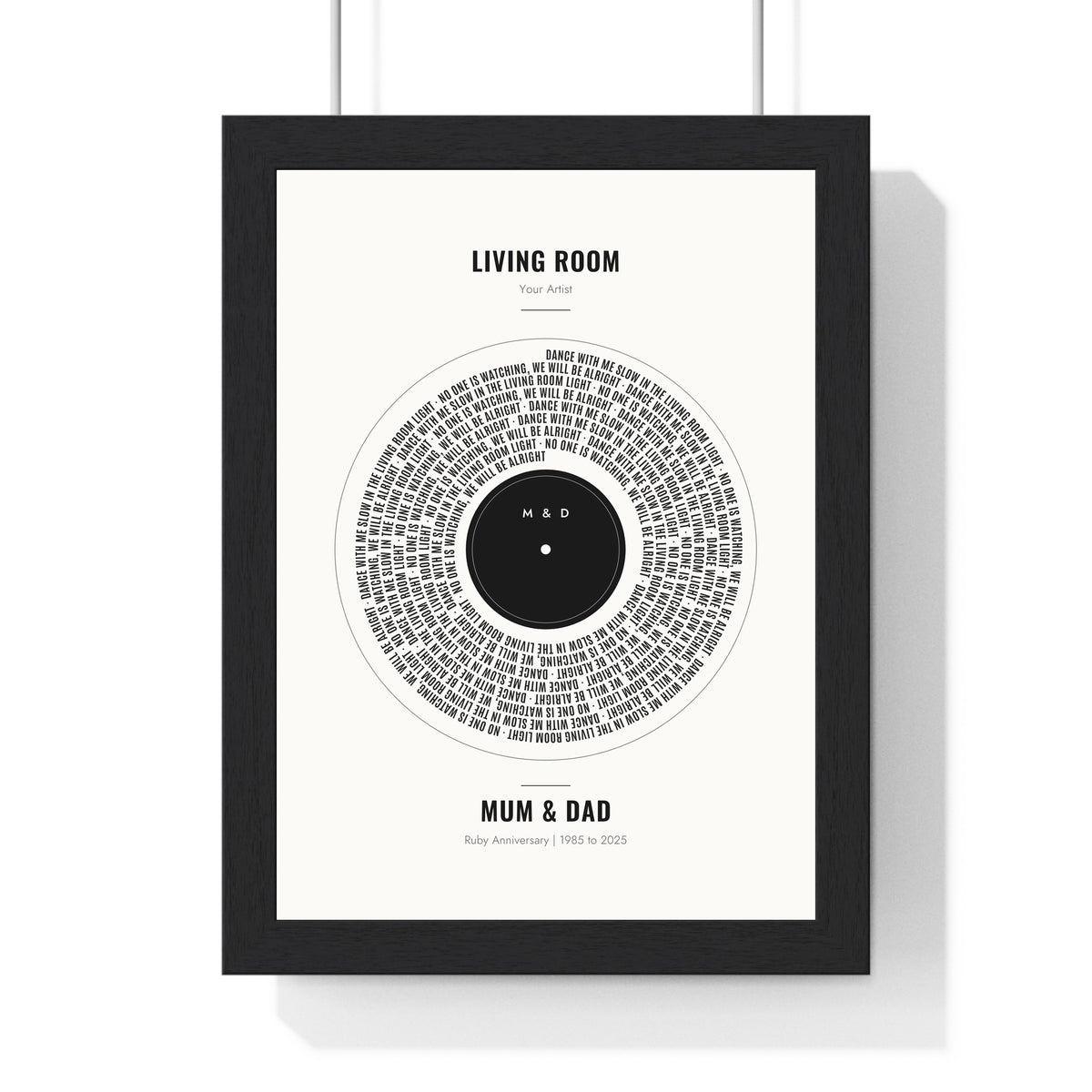 Personalised Vinyl Record Song Lyrics Print - framed black ruby anniversary version