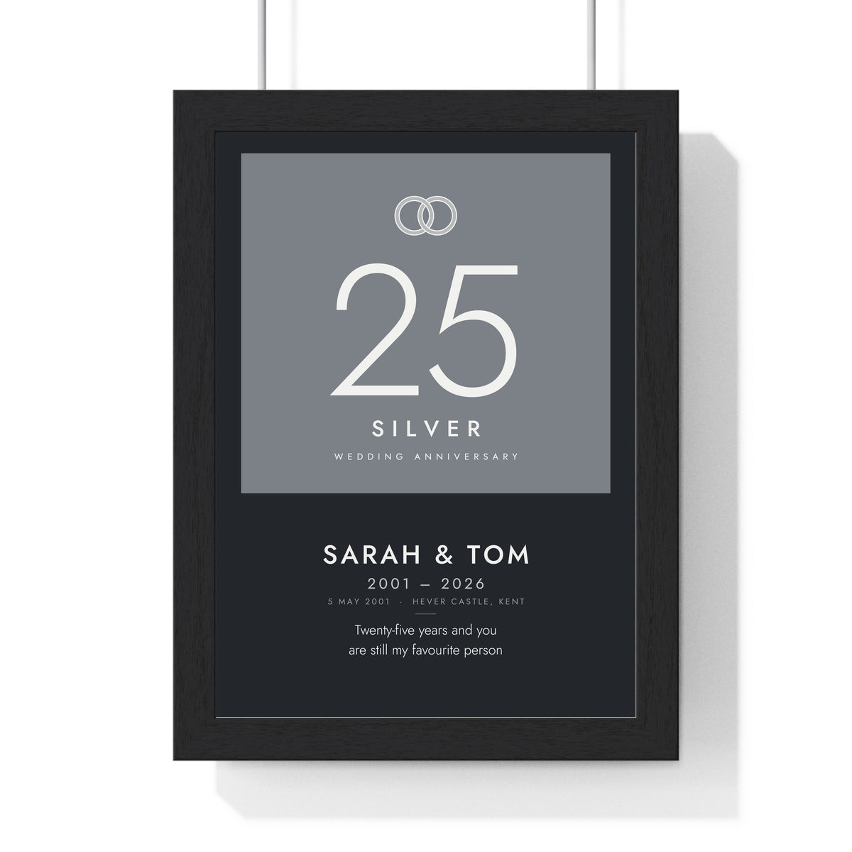 Personalised Wedding Anniversary Print - framed 25th silver anniversary print on dark