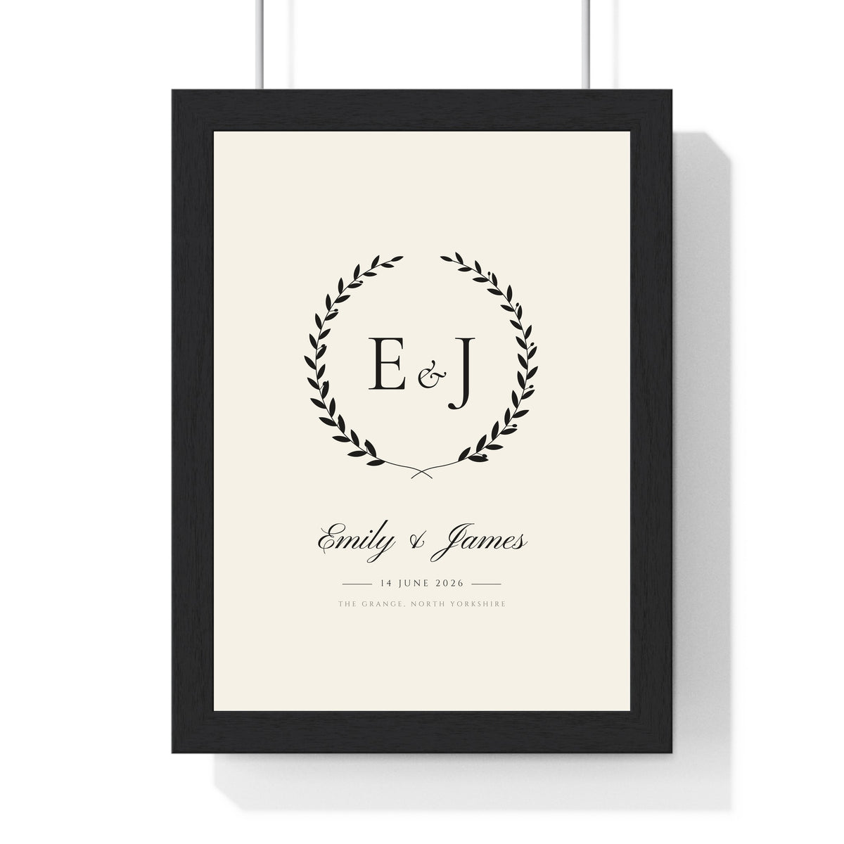 Personalised Wedding Crest Print - framed black on cream wedding crest print with E and J initials