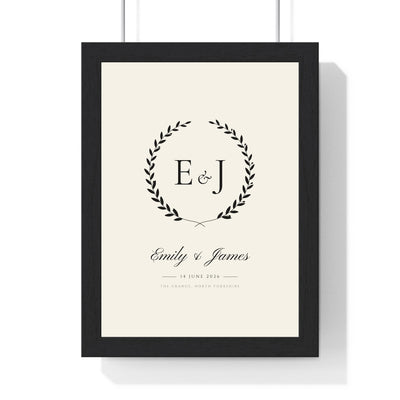 Personalised Wedding Crest Print - framed black on cream wedding crest print with E and J initials