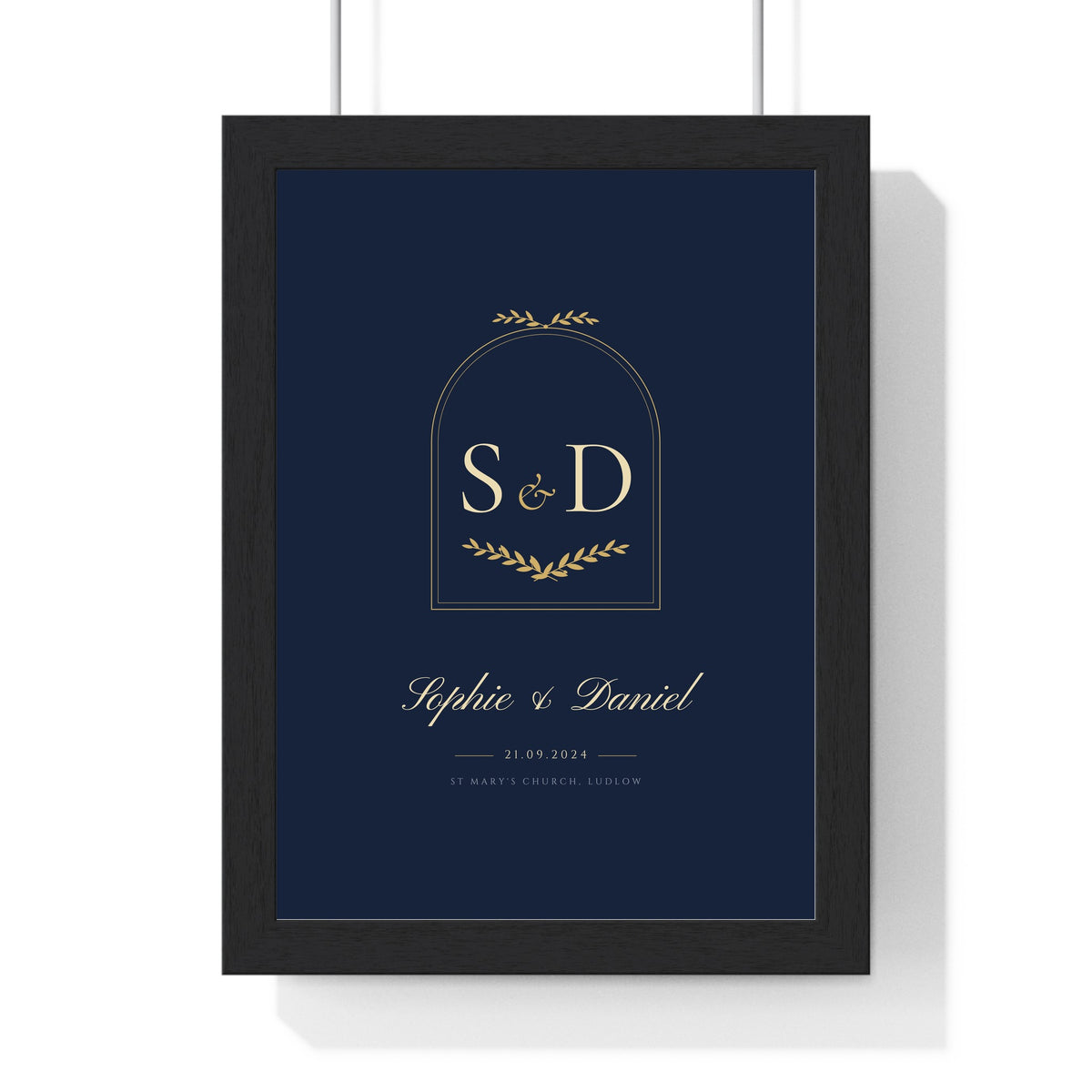 Personalised Wedding Crest Print - framed navy and gold arch version