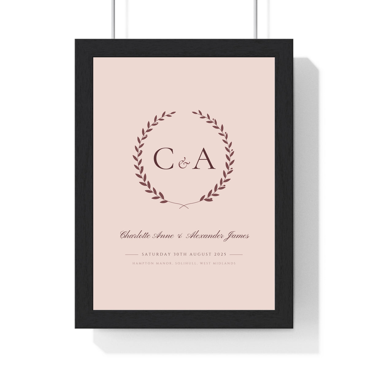 Personalised Wedding Crest Print - framed dusty rose version with long names