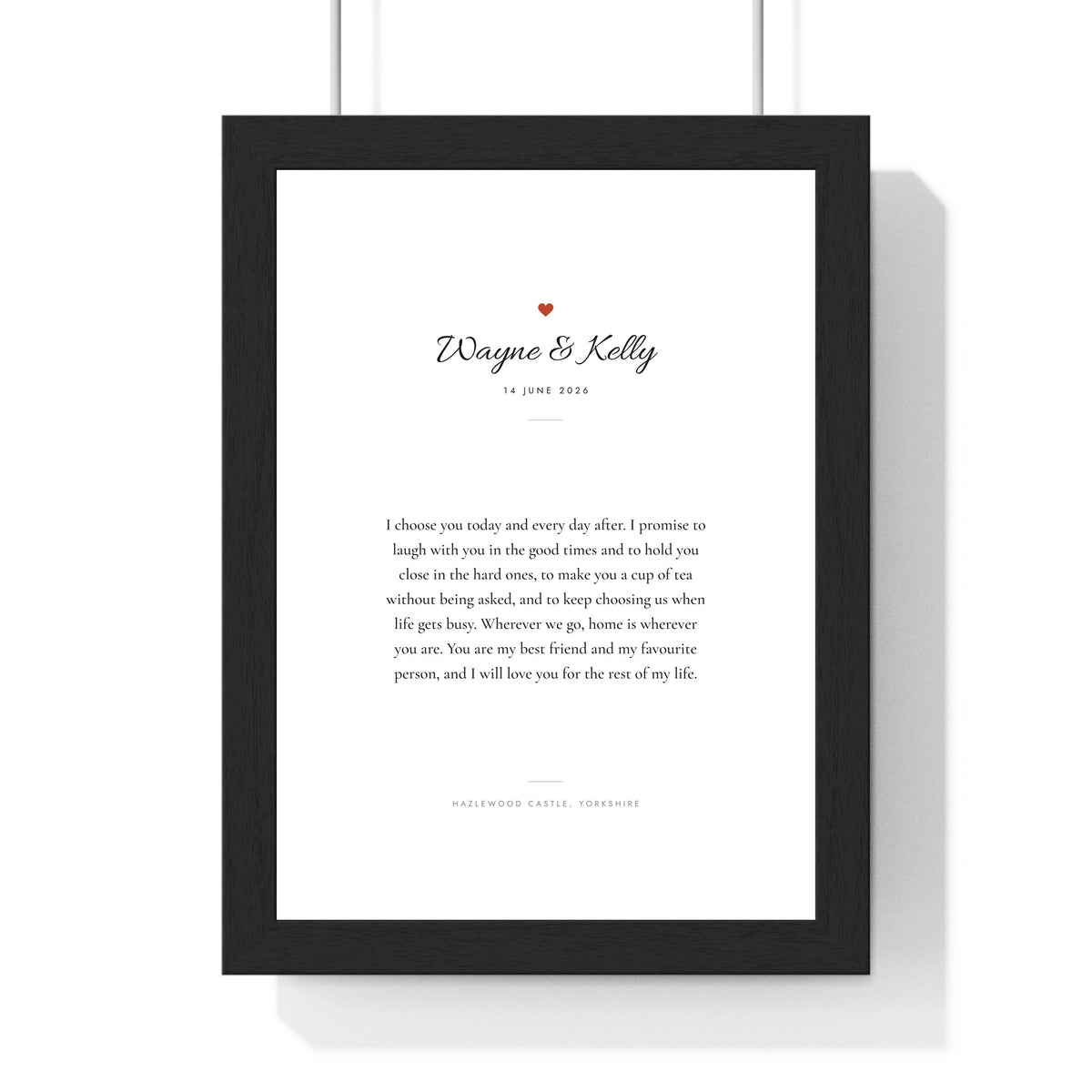 Personalised Wedding Vows Print - framed white vows print with a red heart