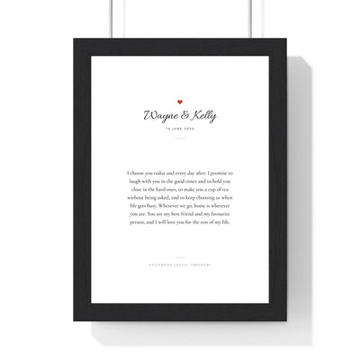 Personalised Wedding Vows Print - framed white vows print with a red heart