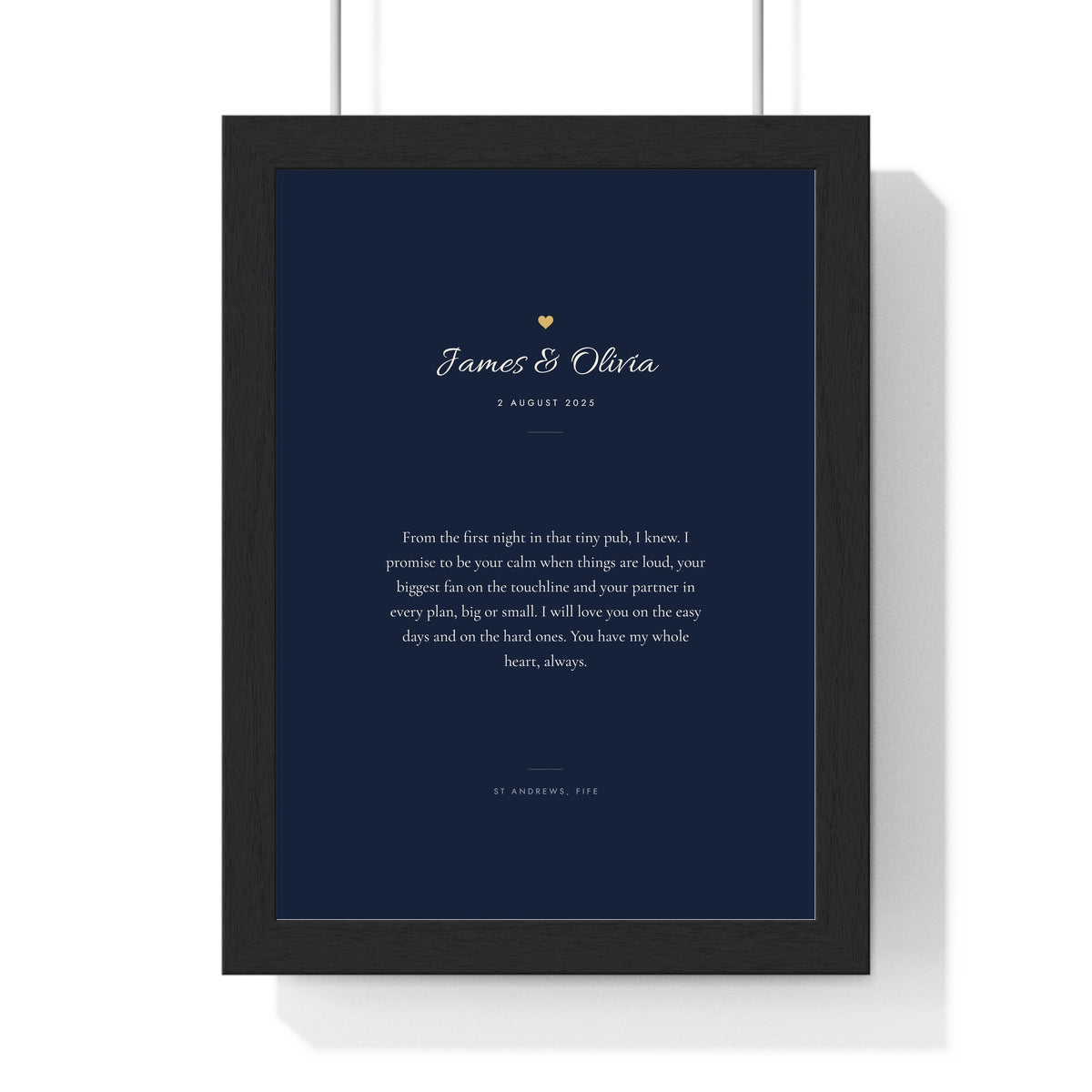 Personalised Wedding Vows Print - framed navy and gold version