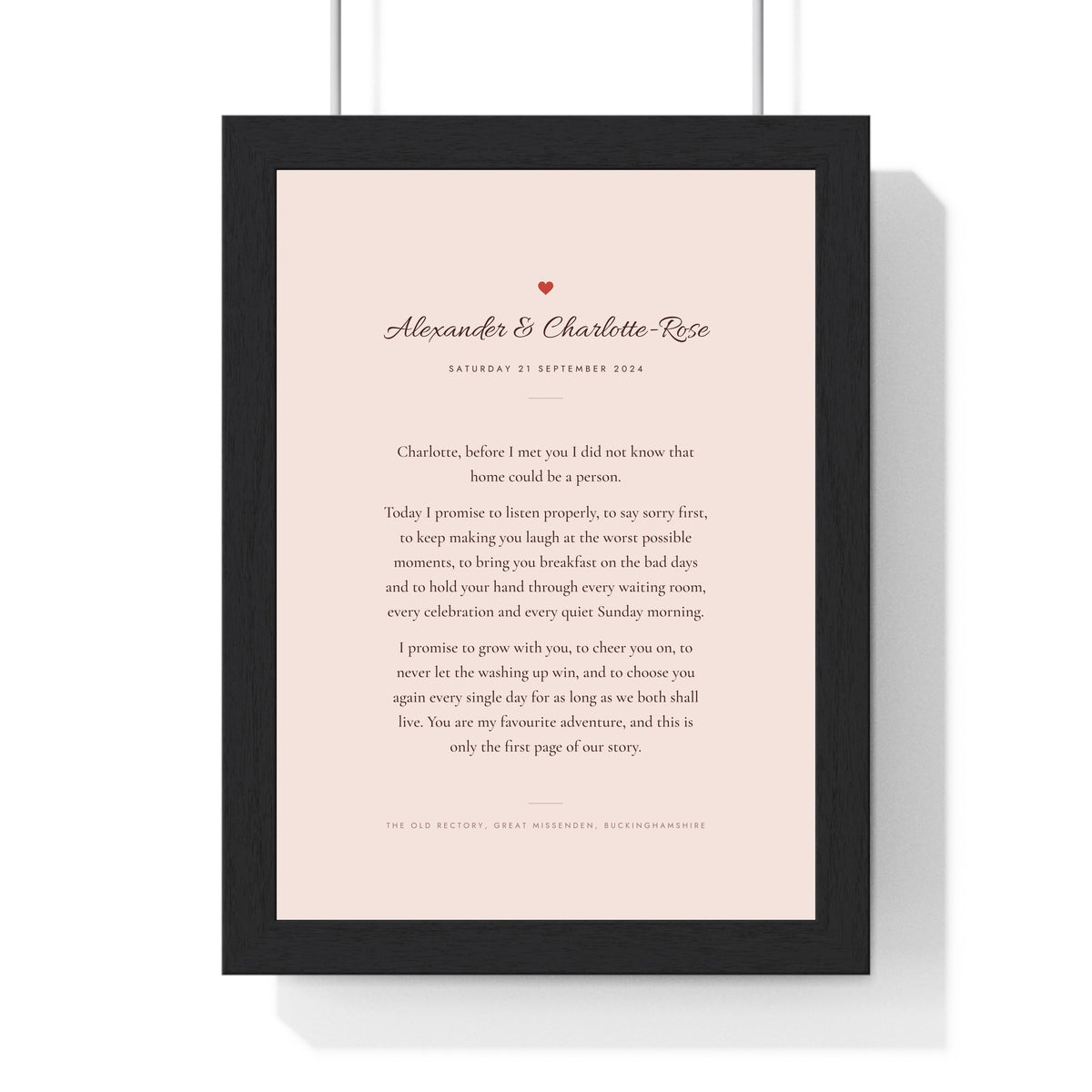 Personalised Wedding Vows Print - framed blush version with longer vows