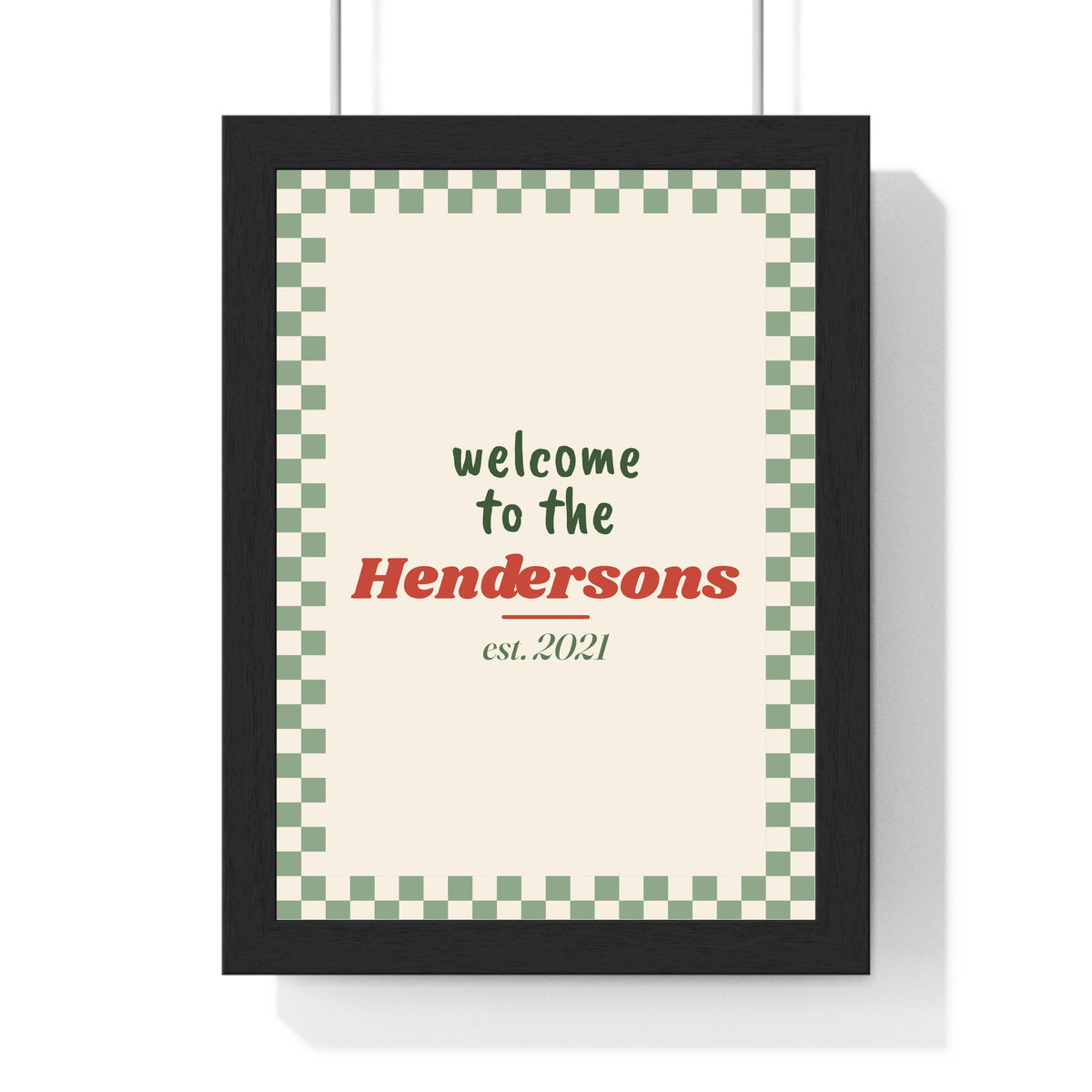 Personalised Welcome Print - framed sage checkerboard welcome print for the Hendersons