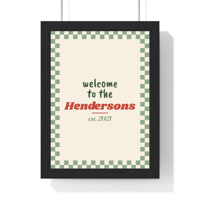 Personalised Welcome Print - framed sage checkerboard welcome print for the Hendersons