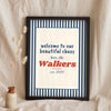 Personalised Welcome Print - navy ticking stripe beautiful chaos print leaning on a shelf