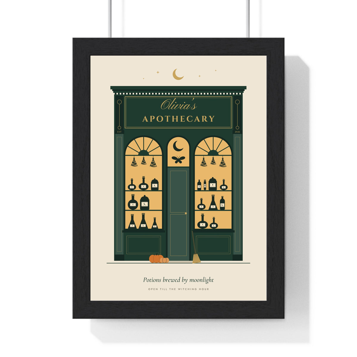 Personalised Witch Apothecary Sign Print - framed personalised witch apothecary sign print in bottle green and gold