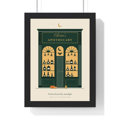 Personalised Witch Apothecary Sign Print - framed personalised witch apothecary sign print in bottle green and gold