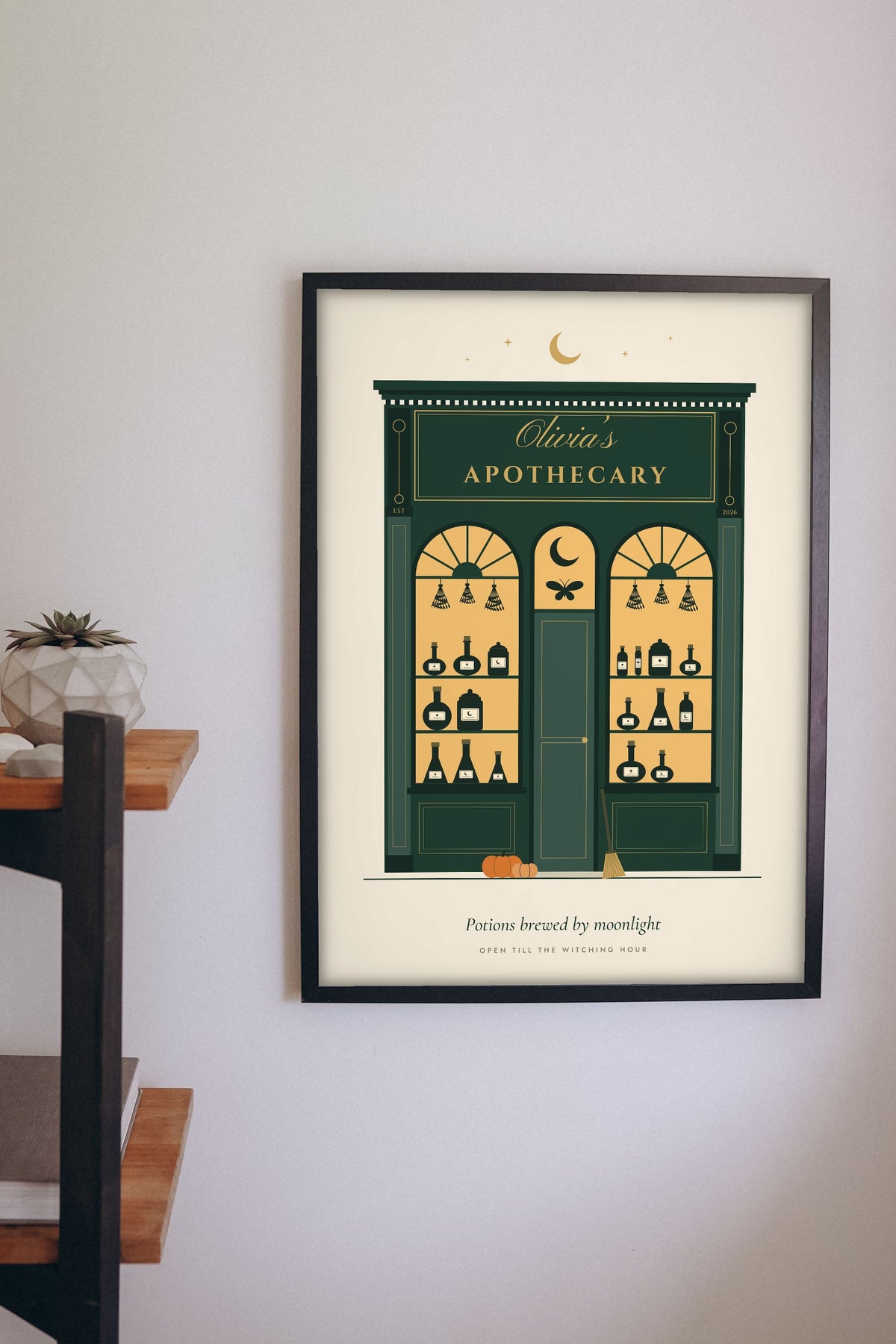 Personalised Witch Apothecary Sign Print - witch apothecary shopfront print on a kitchen wall