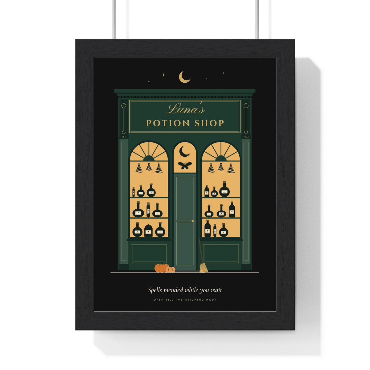 Personalised Witch Apothecary Sign Print - framed black potion shop version