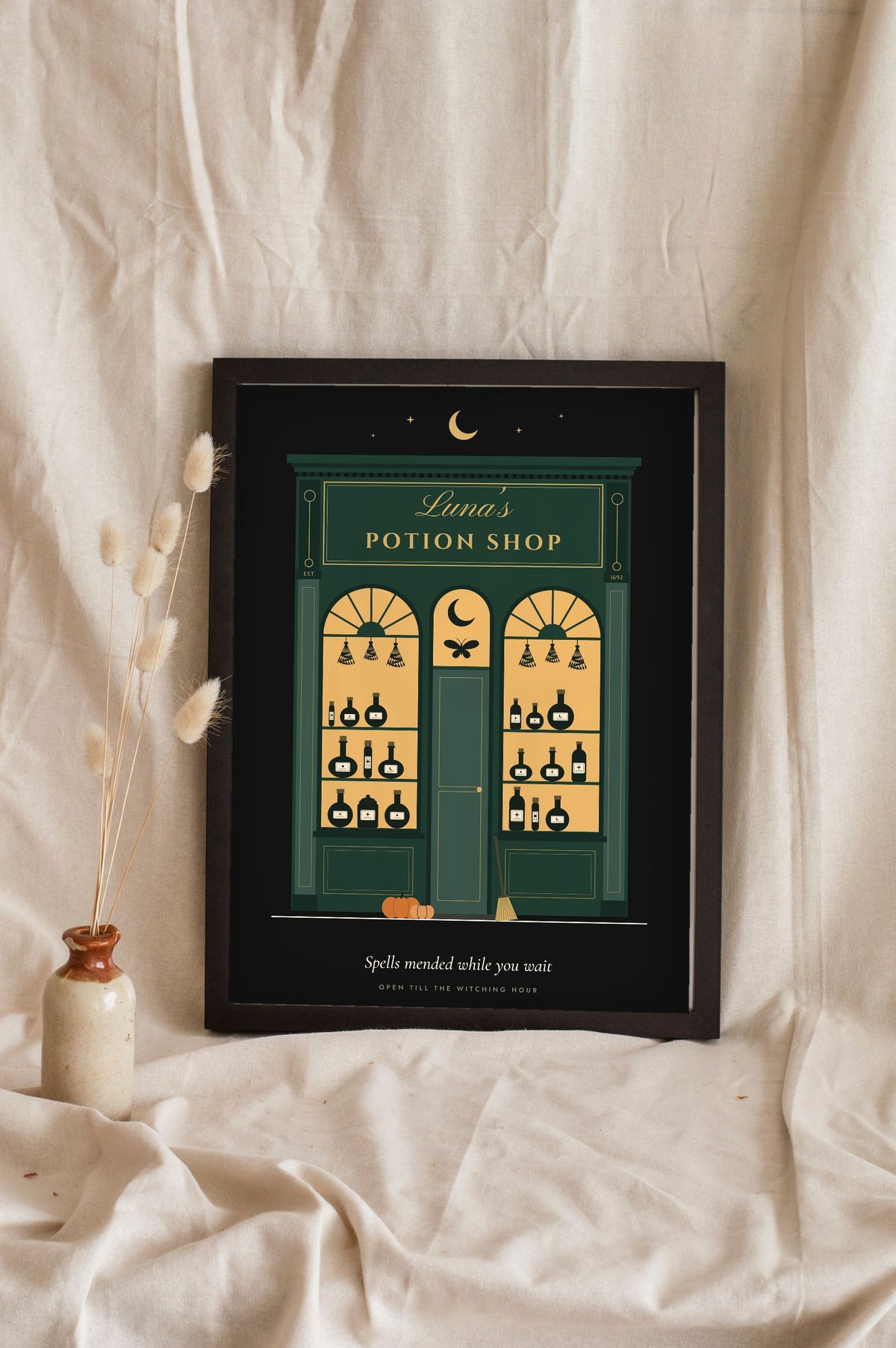 Personalised Witch Apothecary Sign Print - black potion shop version leaning on a shelf
