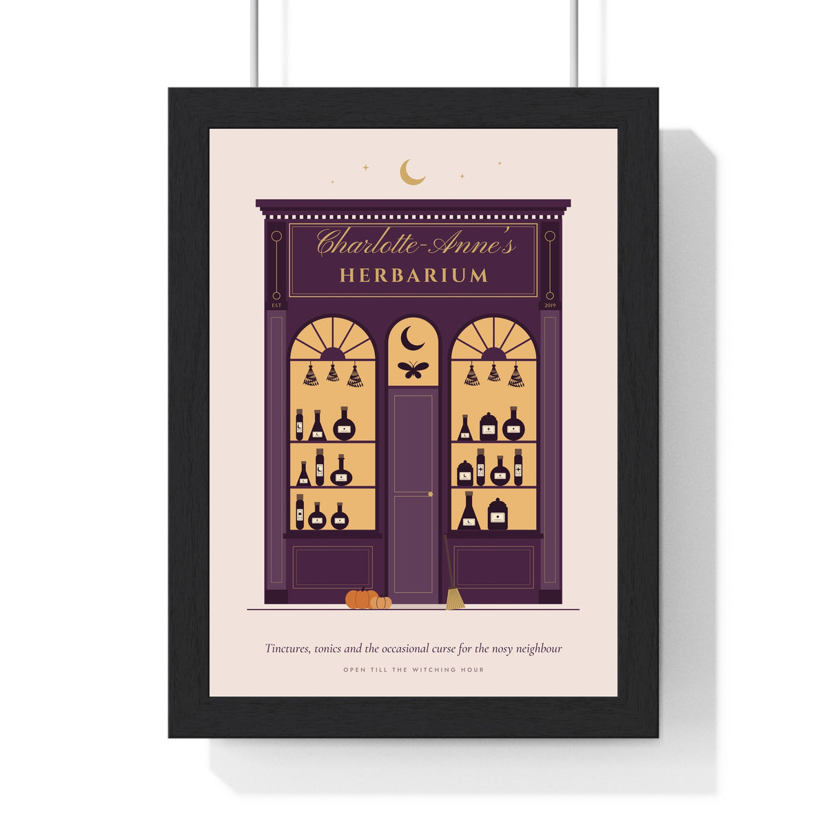 Personalised Witch Apothecary Sign Print - framed plum herbarium version with a long tagline