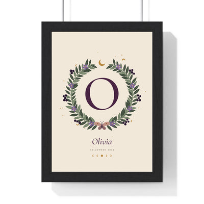 Personalised Witchy Initial Print - framed witchy initial print, plum O in a nightshade wreath
