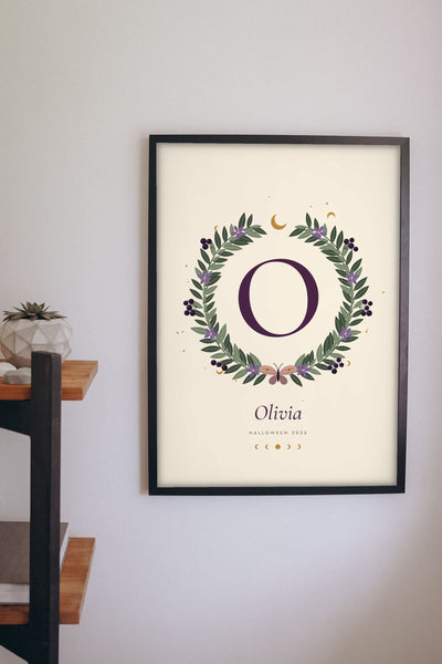 Personalised Witchy Initial Print - witchy botanical initial print on a bedroom wall