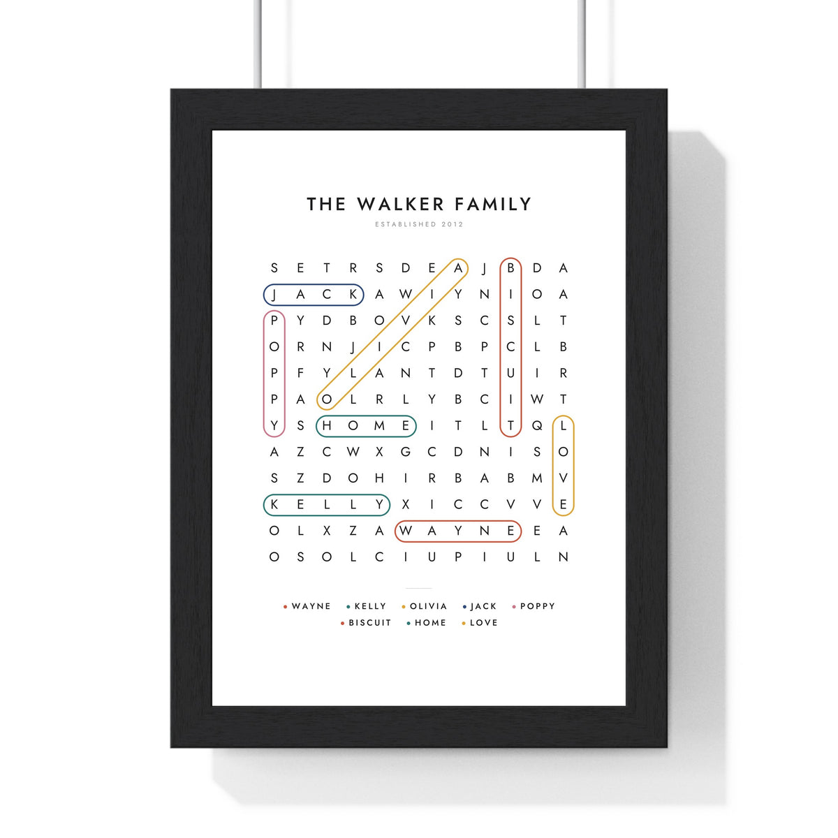 Personalised Word Search Print - framed family word search print with names ringed in colour