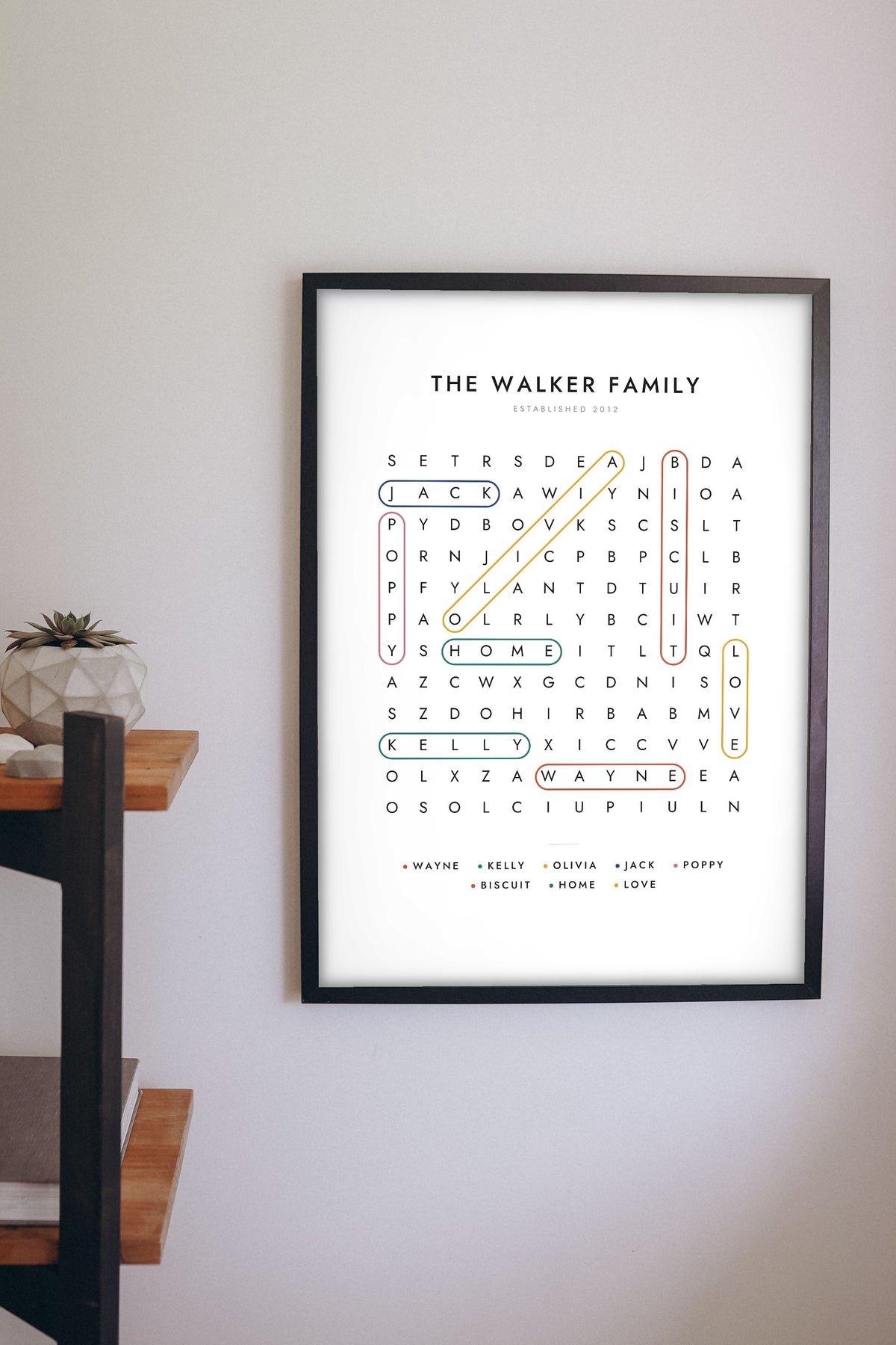 Personalised Word Search Print - family word search print on the hallway wall