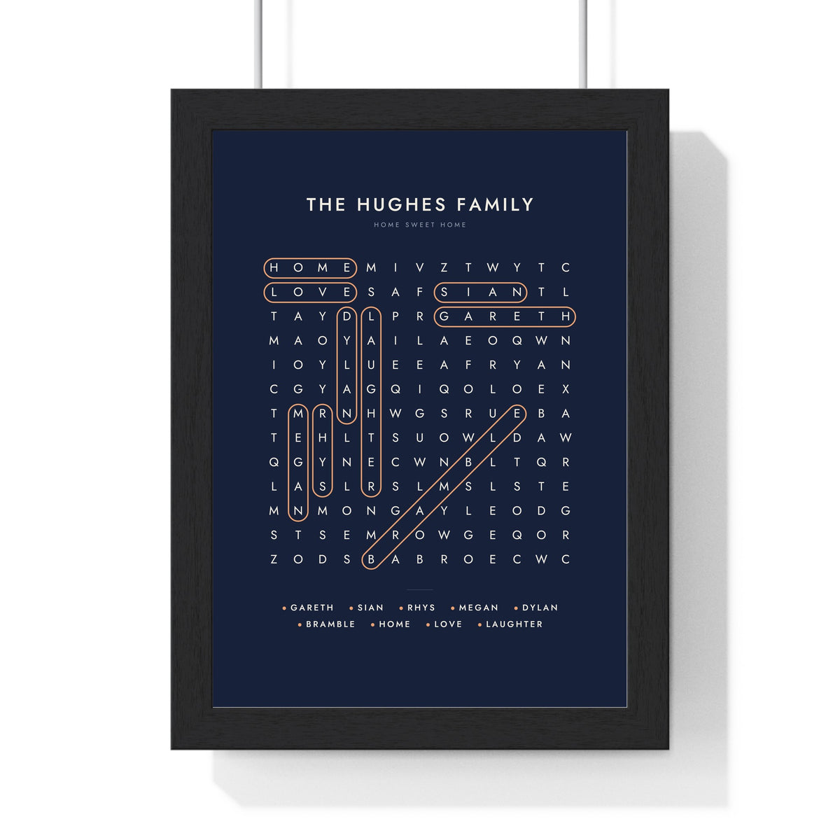 Personalised Word Search Print - framed navy word search, home sweet home