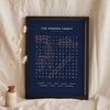 Personalised Word Search Print - navy version with the family names ringed in peach
