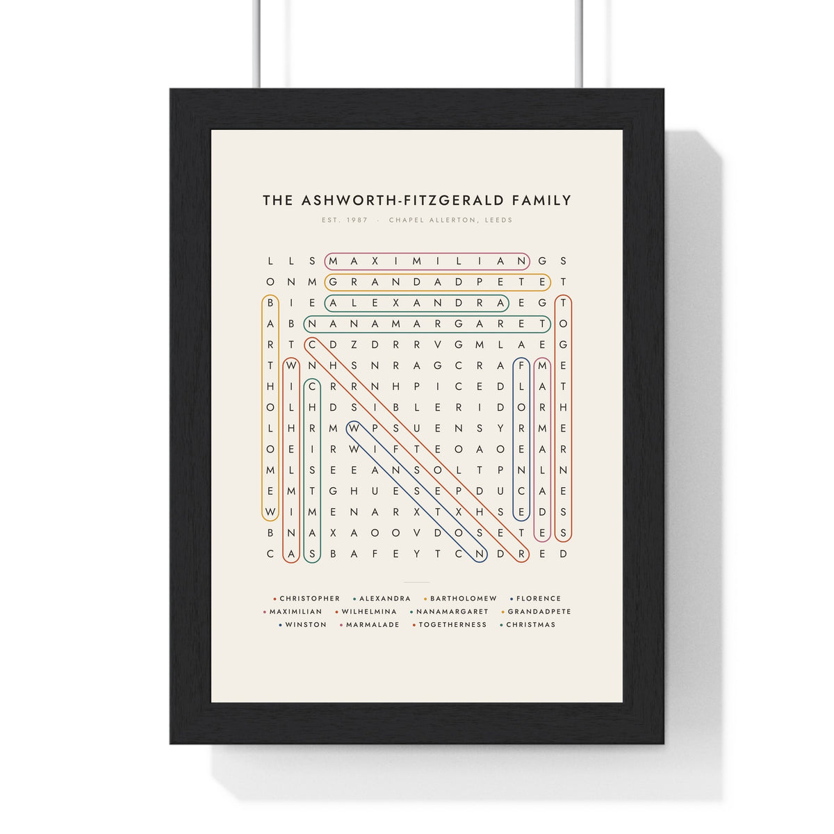 Personalised Word Search Print - framed cream version with twelve names and words
