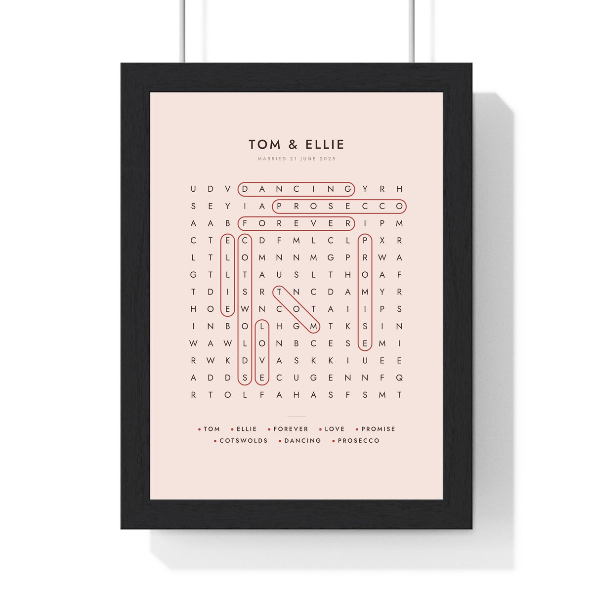 Personalised Word Search Print - framed blush wedding word search for Tom and Ellie