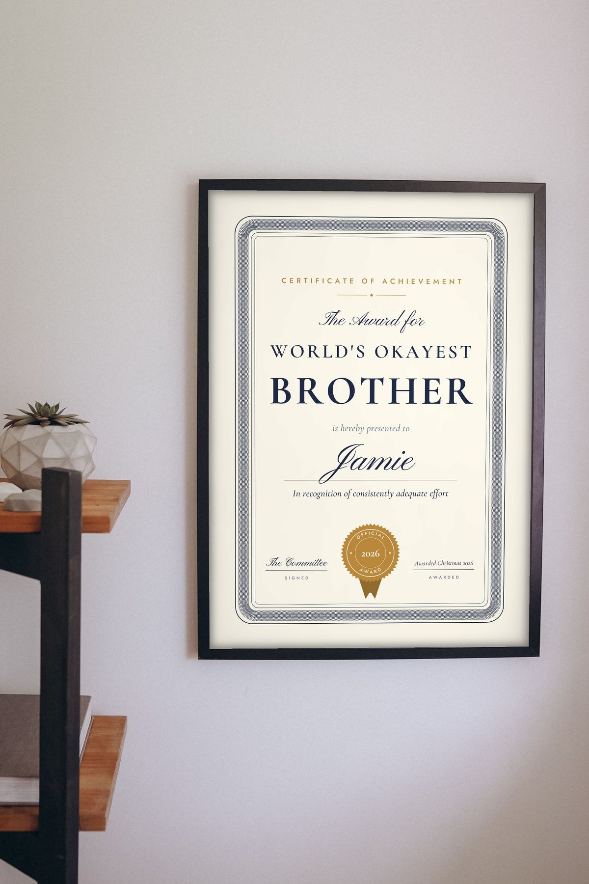 Personalised World's Okayest Award Print - on the wall