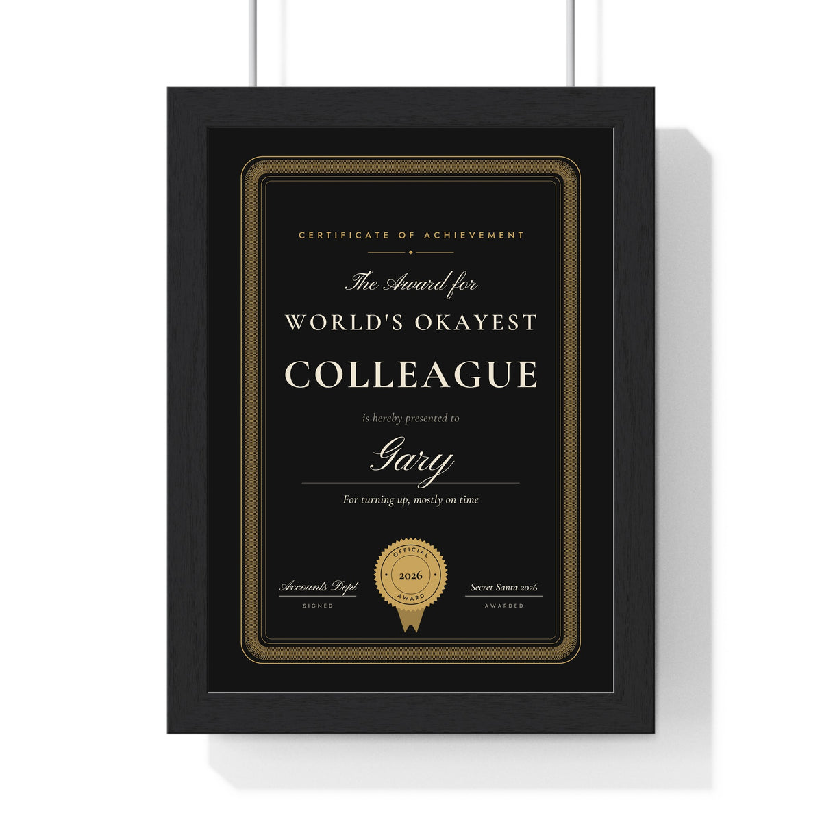 Personalised World's Okayest Award Print - framed black colleague certificate