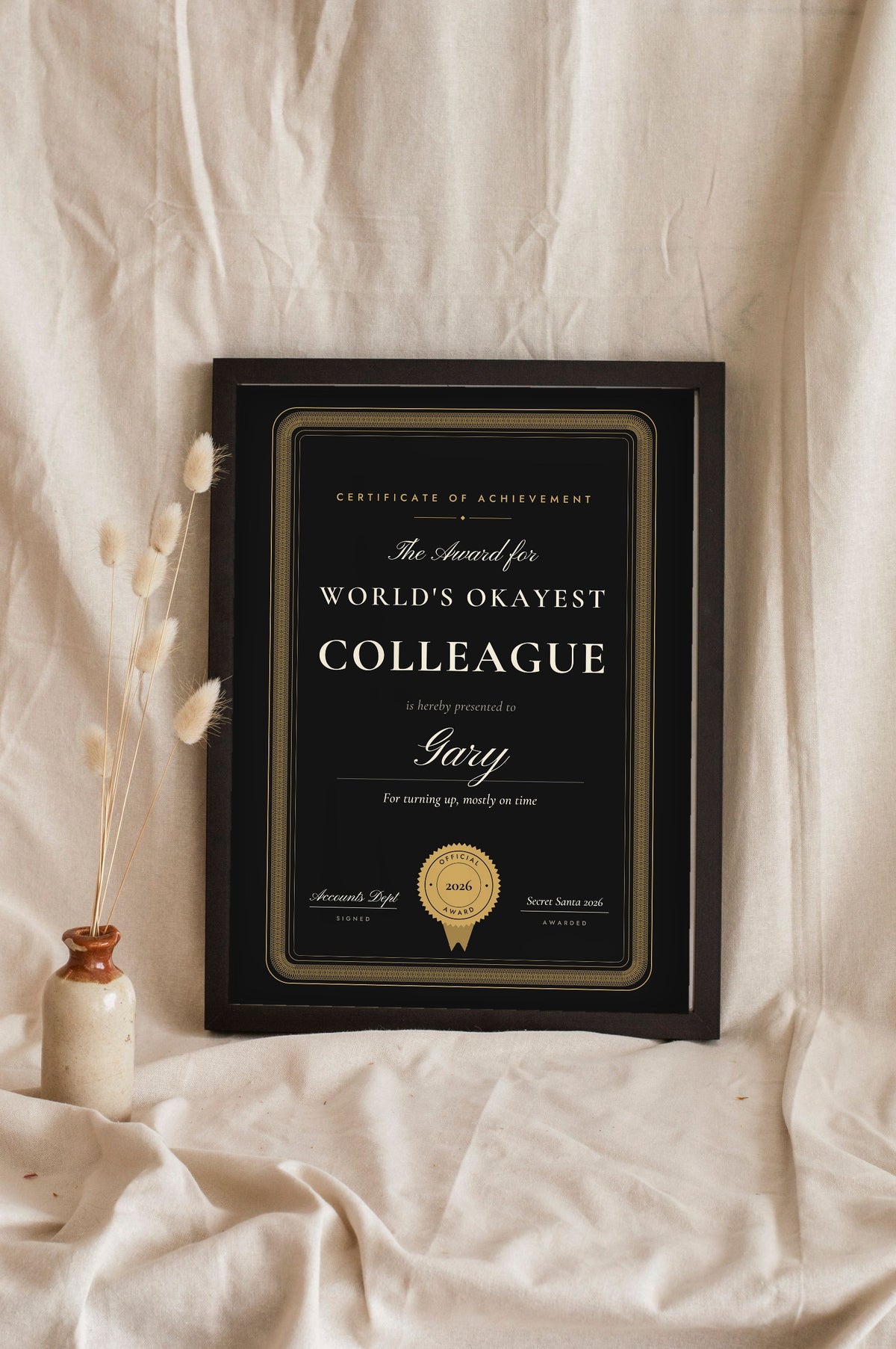 Personalised World's Okayest Award Print - black and gold Secret Santa colleague version