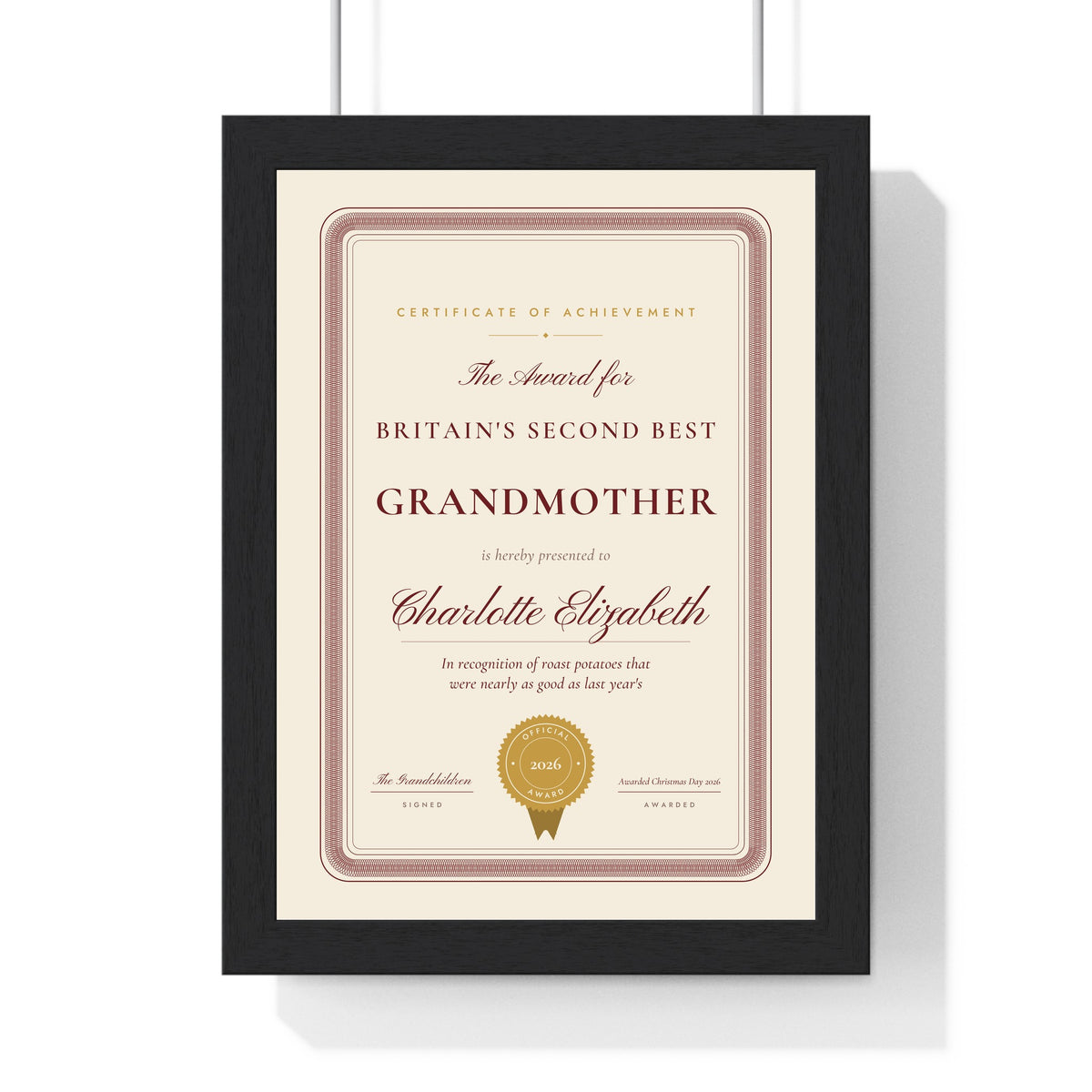 Personalised World's Okayest Award Print - cream Britain's Second Best Grandmother version