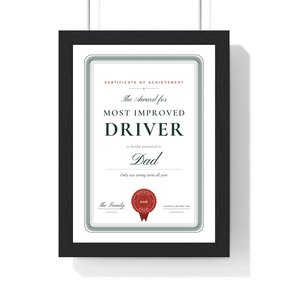 Personalised World's Okayest Award Print - white Most Improved Driver version