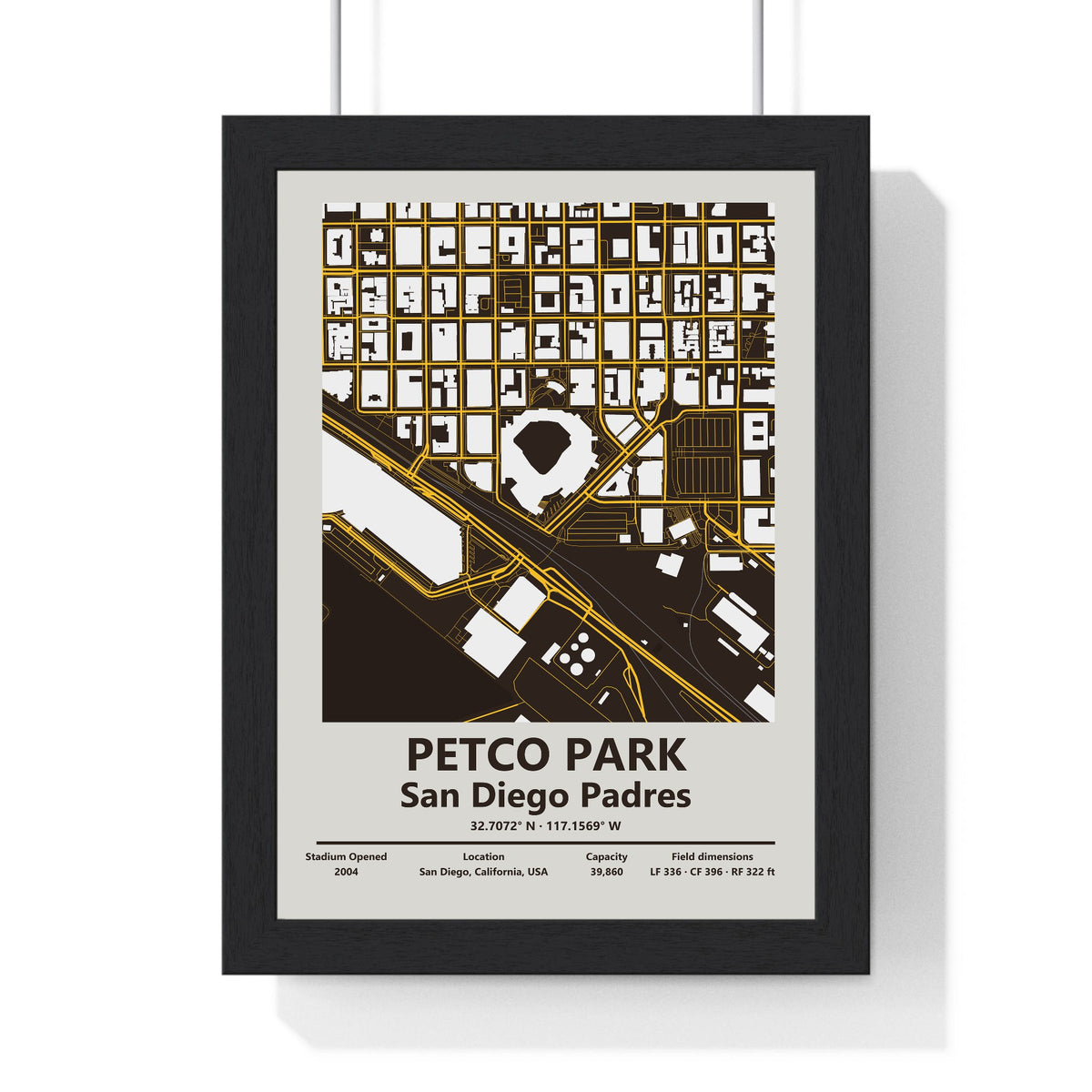 Petco Park map print framed in a black frame, ready to hang