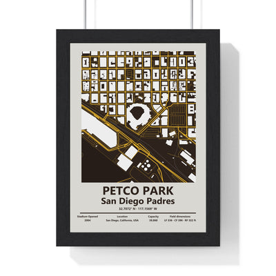 Petco Park map print framed in a black frame, ready to hang