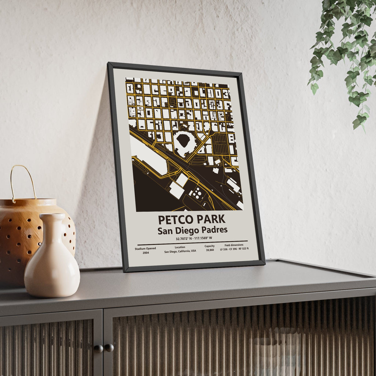 Petco Park map print framed and leaning on a sideboard