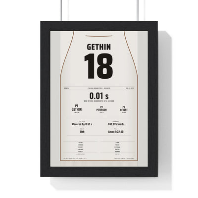 Peter Gethin 1971 Italian Grand Prix Win Poster - 18 Race Suit Print framed in a black frame, ready to hang