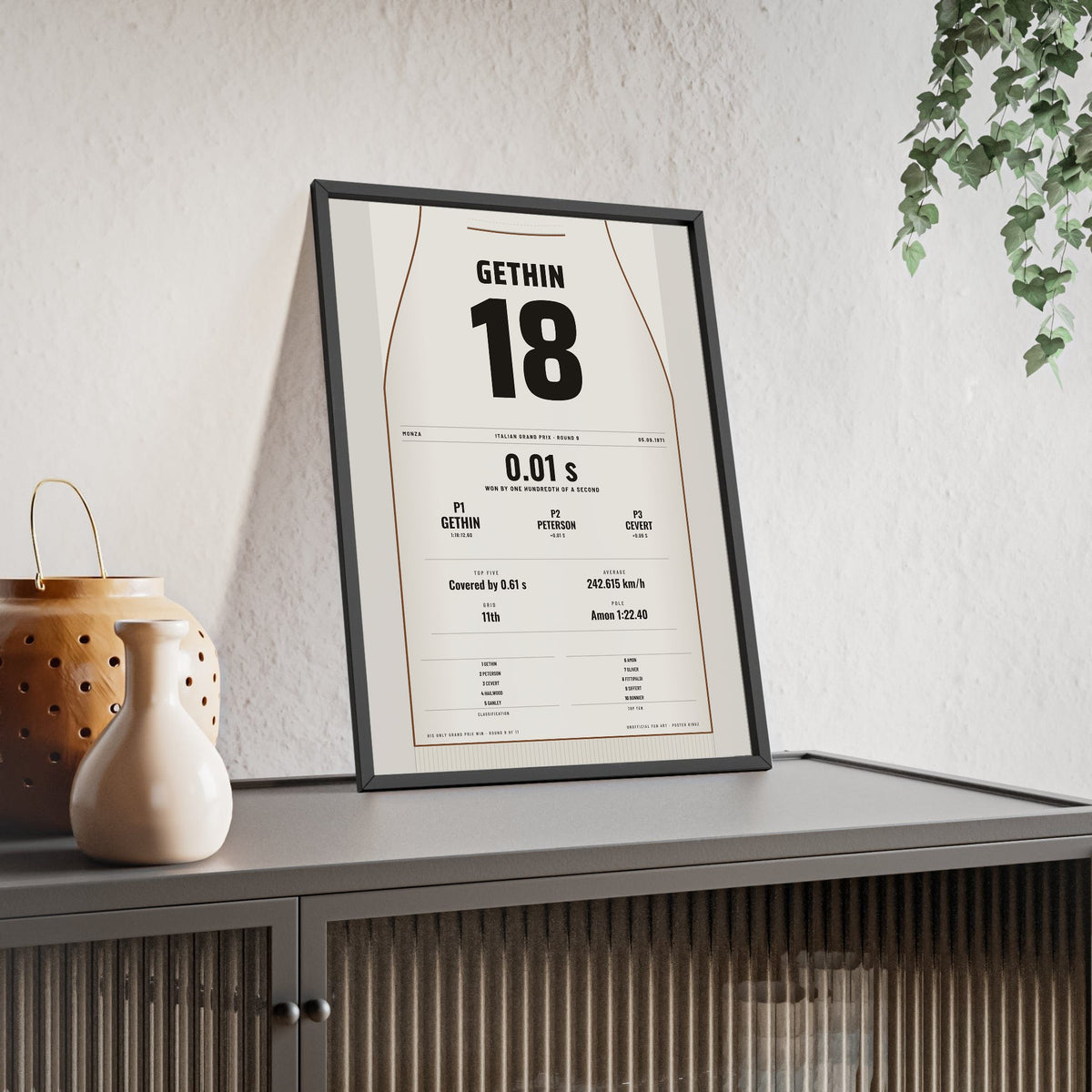 Peter Gethin 1971 Italian Grand Prix Win Poster - 18 Race Suit Print framed and leaning on a sideboard