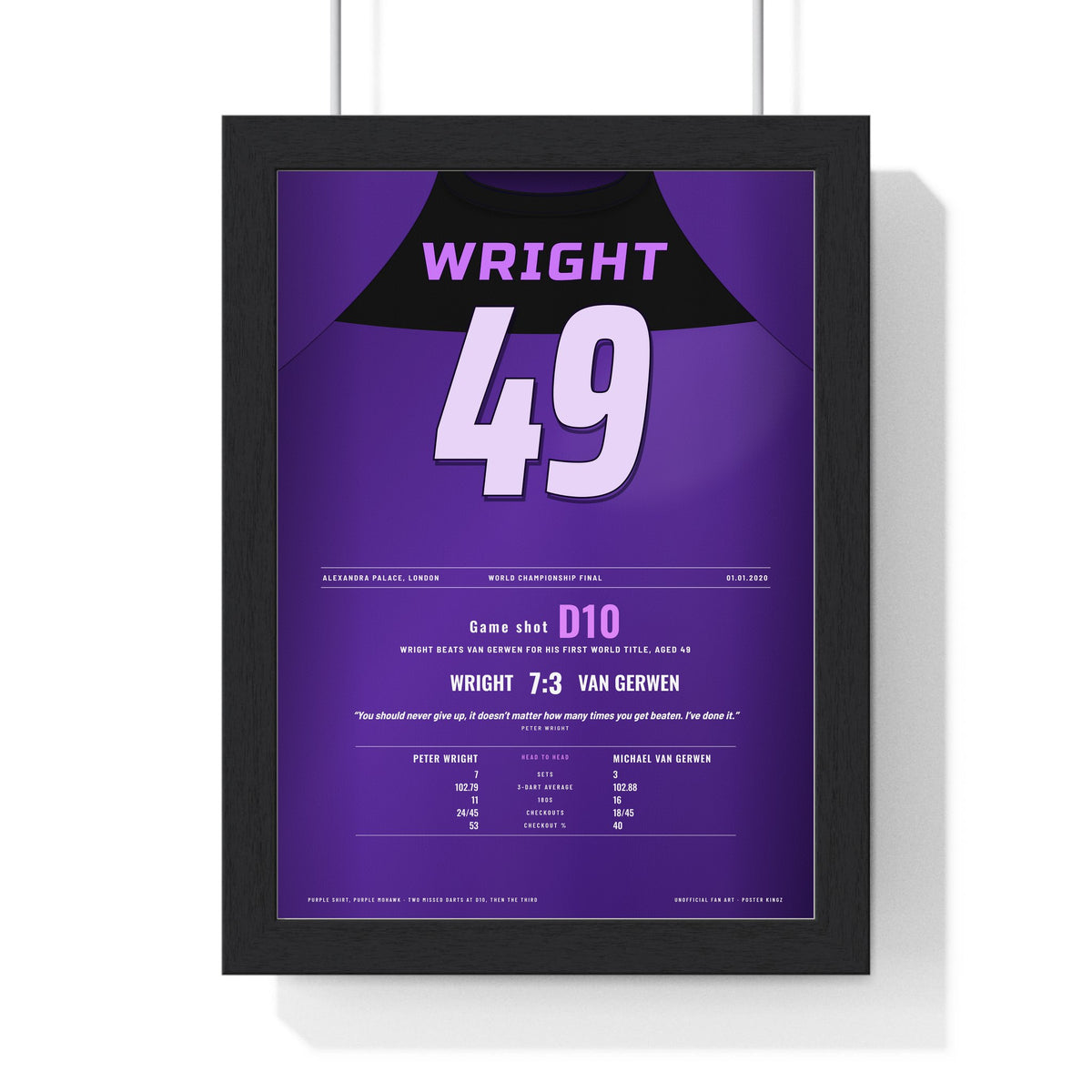 Peter Wright World Darts Final 2020 Darts Poster - 7-3 v Van Gerwen Shirt Print framed in a black frame, ready to hang