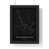 Peterborough street map poster in black, minimal city map print framed in a black frame